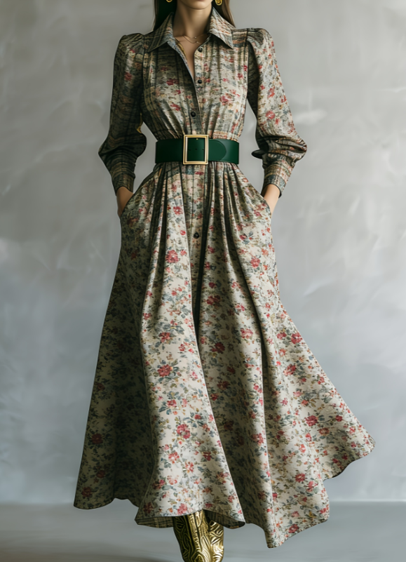 Waist-cinching Shirt Collar Casual Long Dress