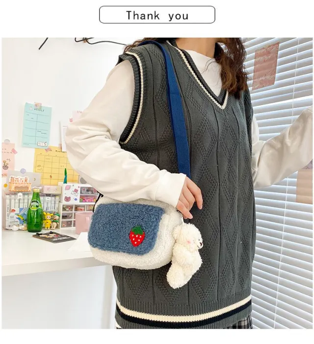 Cartoon Funny Fruit Strawberry Plush Bag All match Soft Girl Student Messenger Bag Blue - Shop at LoveMi