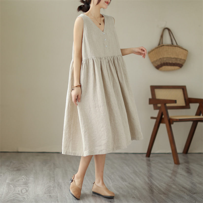 Japanese Cotton Linen V-neck Sleeveless Dress Women.