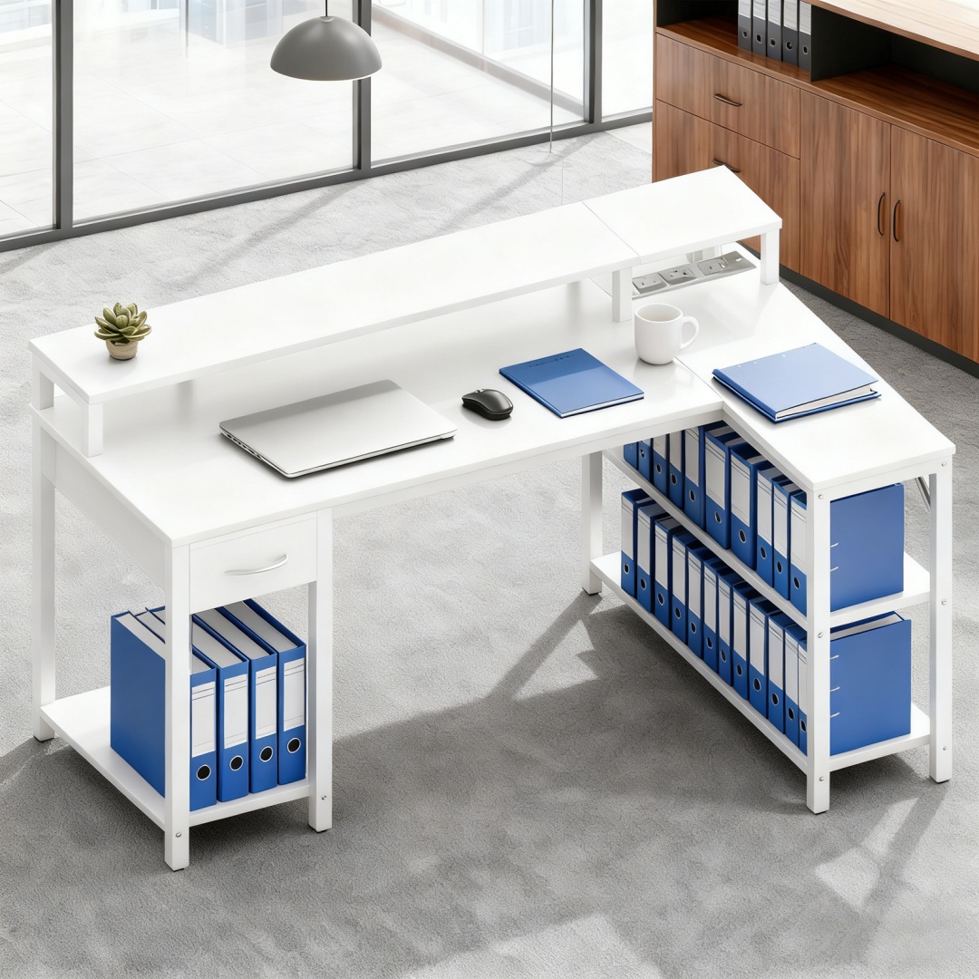 53-inch Gaming Table With USB Charging Port And LED Light, Reversible L-shaped Table With Power Socket And Monitor Stand image 30