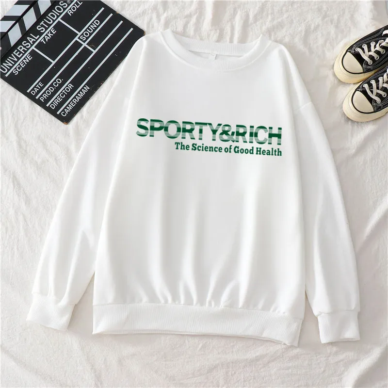 Sporty Rich Print Casual Round Neck Cotton Sweater - White