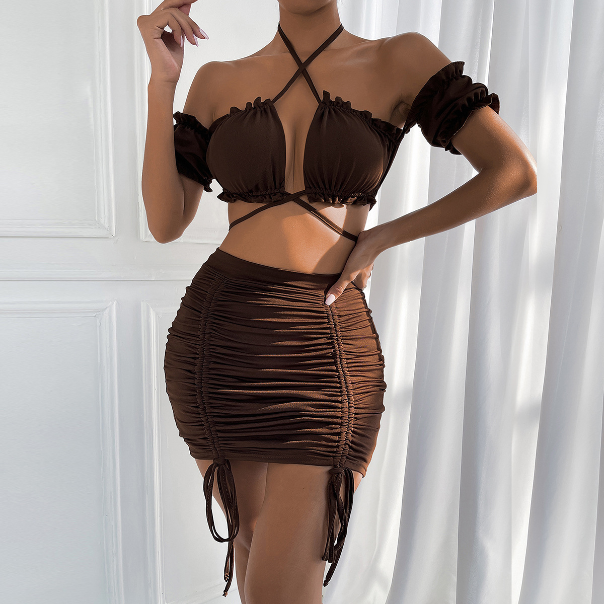 Europe And The United States Summer Hollow Straps Pleated Hip Dress Fungus Edge Sling Two-piece Set