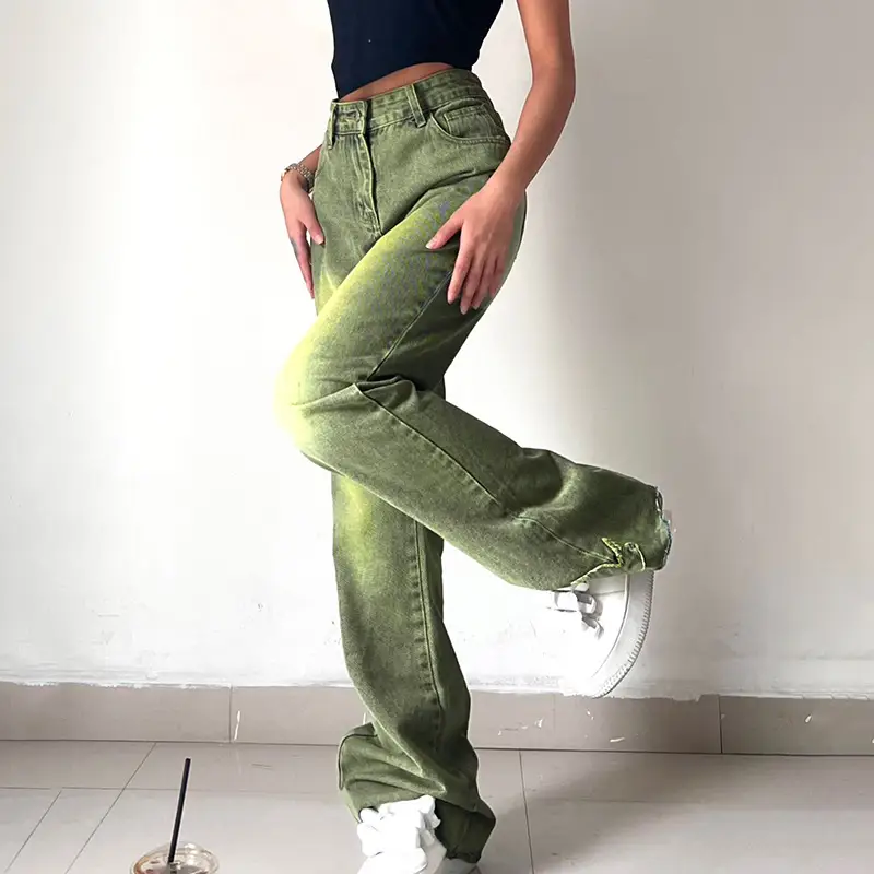 Women's Green Gradient Maple Leaf Embroidered Raw Edge Jeans