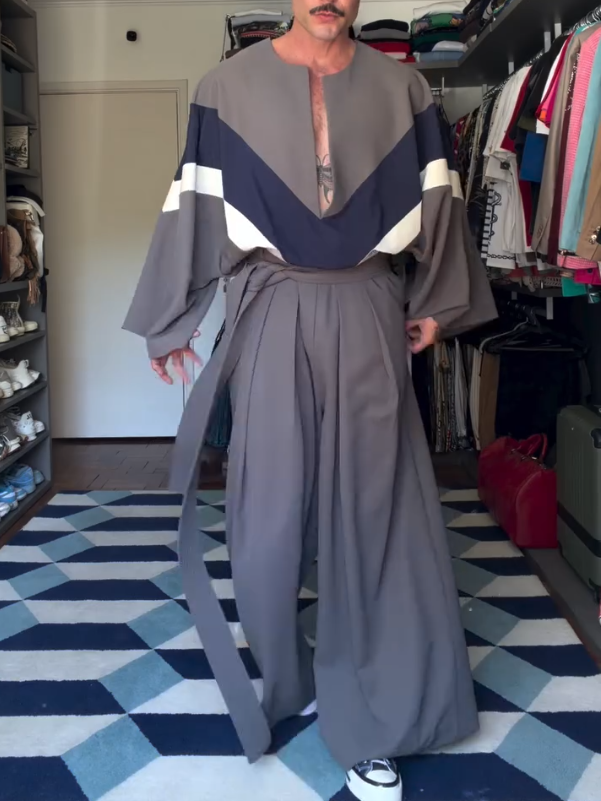 Grey Color-Block Top And Wide-Leg Pants Set