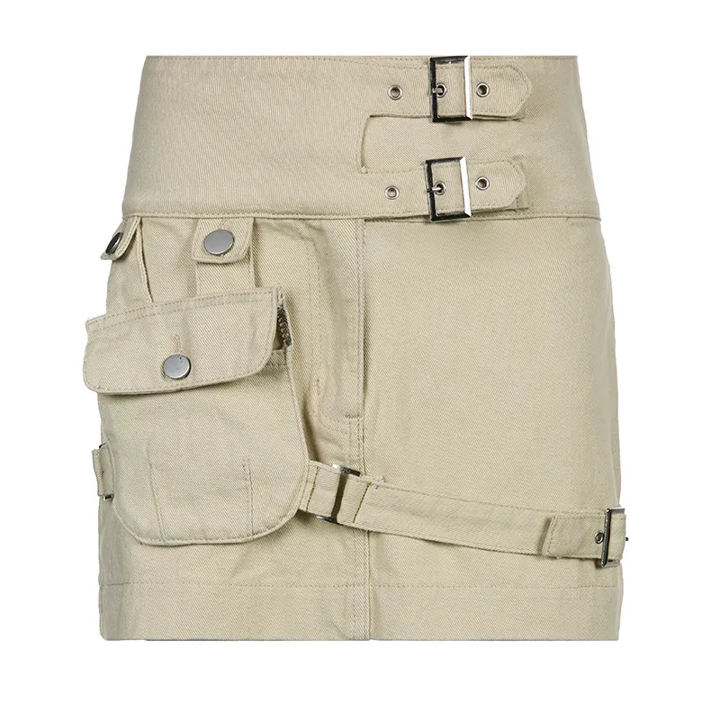 Summer Style Fashion Street High Waist Multi-pocket Washed Denim Skirt - White