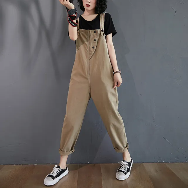 Retro Art Plus Size Thin Sleeveless Casual Fat Sister Denim Overalls Khaki - Shop at LoveMi