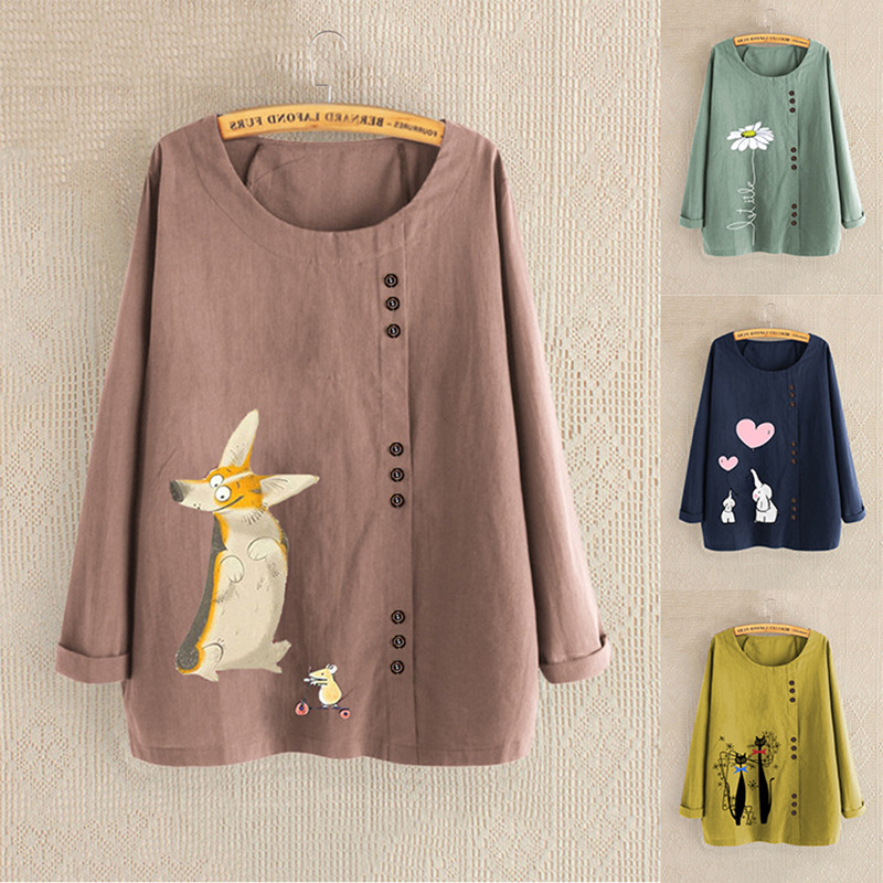 Cotton And Linen Round Neck Cartoon Cute Printing Long Sleeves