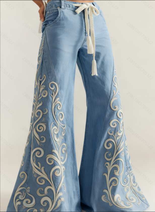 Women's Retro Patchwork Wide-Leg Pants, High-Waisted Drape Flared Pants, Ethnic Style Tie Casual Pants