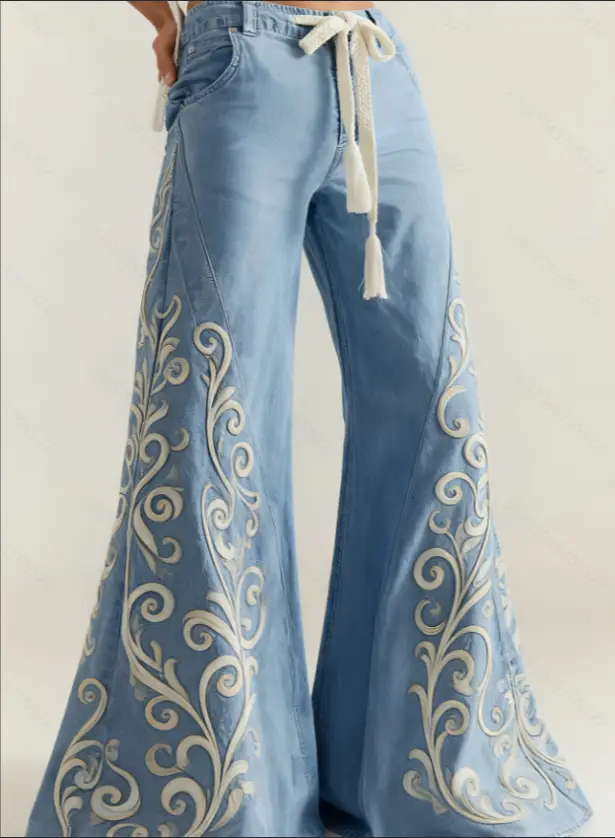 Women's Retro Patchwork Wide-Leg Pants, High-Waisted Drape Flared Pants, Ethnic Style Tie Casual Pants