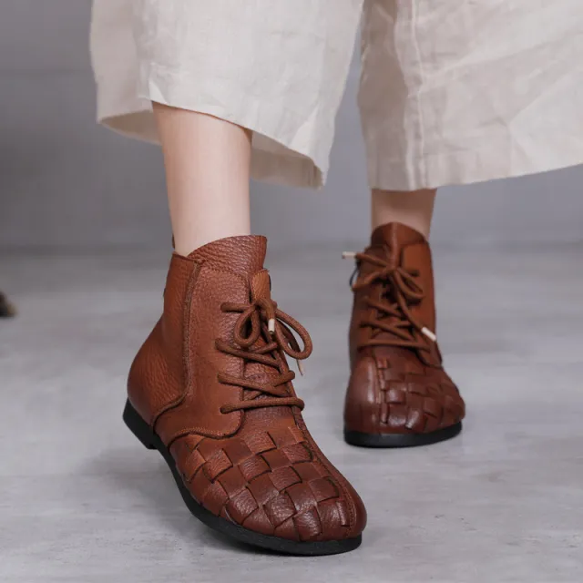 Vintage Hand woven Ankle Boots Soft soled Soft Leather Brown - Shop at LoveMi