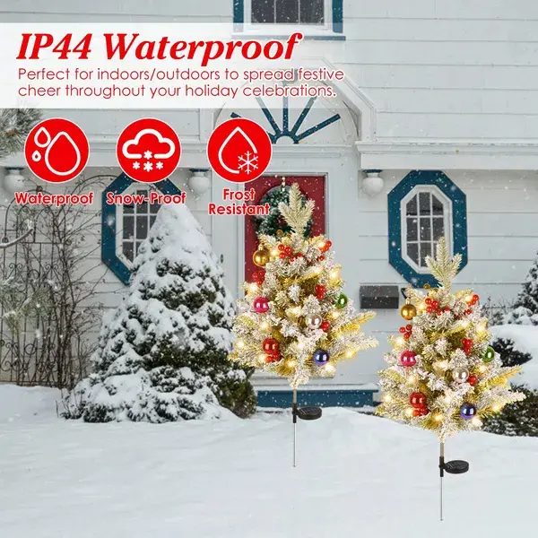 2Pcs Solar Powered Lighted Christmas Tree Urn Filler With Light Artificial Xmas Trees Light With Berries Decor Balls LED Pathway Pine Tree IP44 Waterproof 50 Be