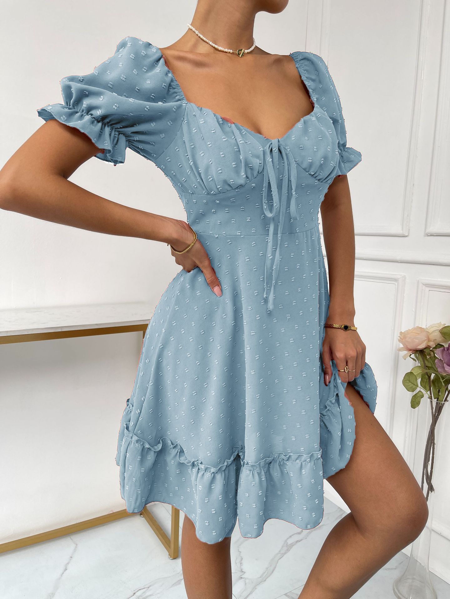 Full Jacquard Tie Puff Sleeve Mini Dress Light Blue - Shop at LoveMi