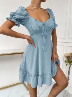 Full Jacquard Tie Puff Sleeve Mini Dress - Light Blue - View 1