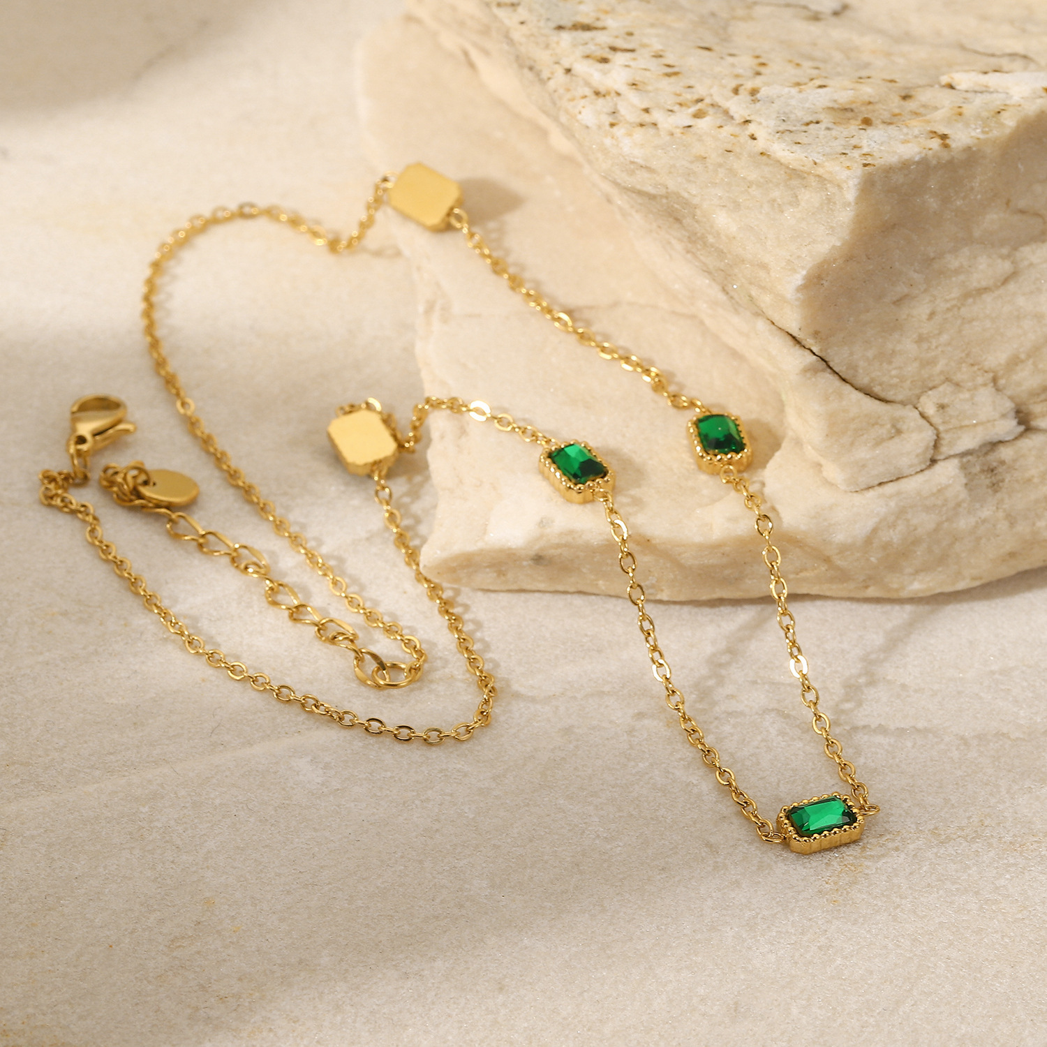 Multiple Square Green Zircon Pendant Necklace Fashion Women's Titanium Steel Necklace