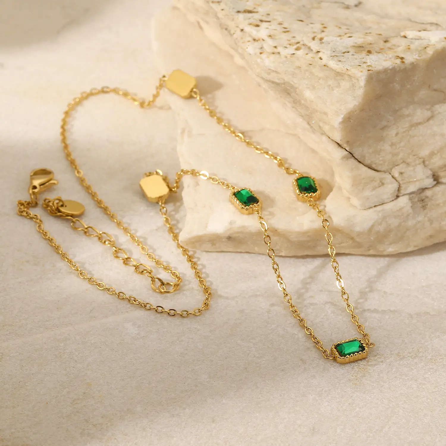 Multiple Square Green Zircon Pendant Necklace Fashion Women's Titanium Steel Necklace