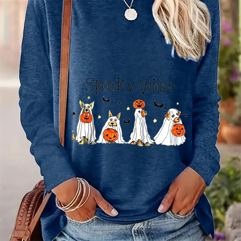 Spring And Autumn Women Casual Simple Pattern Printed Round Neck Long Sleeve T-shirt