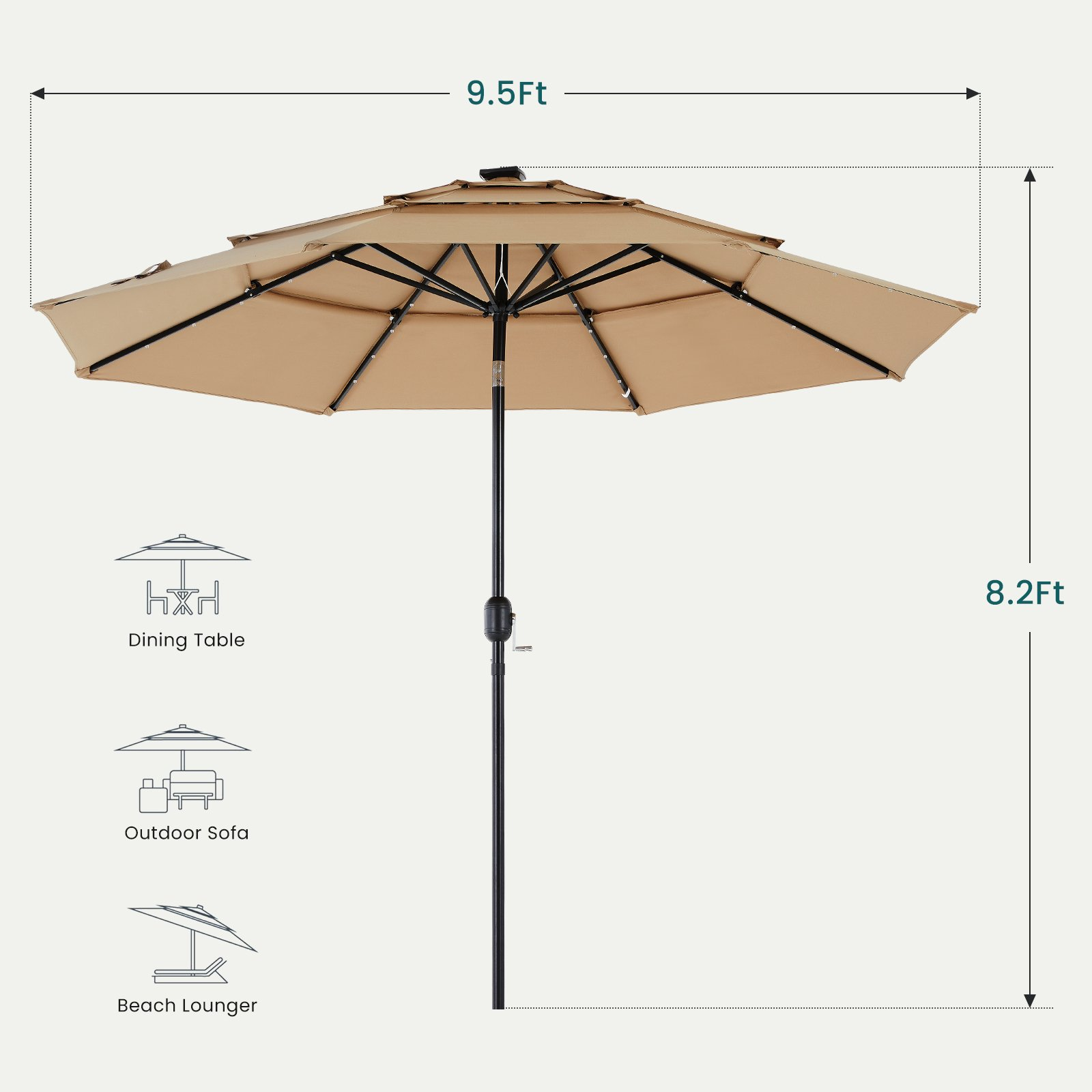 3-layer Solar Courtyard Shade Umbrella, Equipped With 32 LED Lights, And Adjustable Tilt Angle