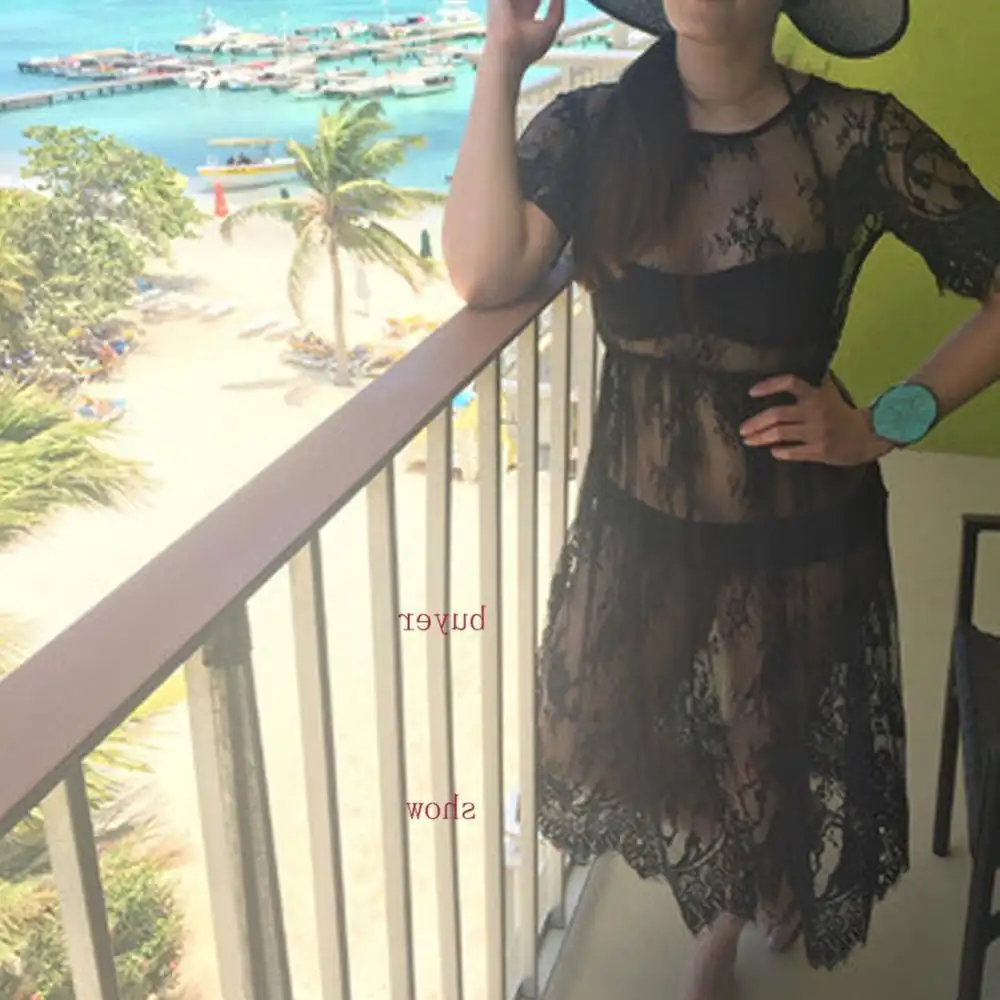 Women Hollow Out Transparent Dress Sleeve Beach Dress