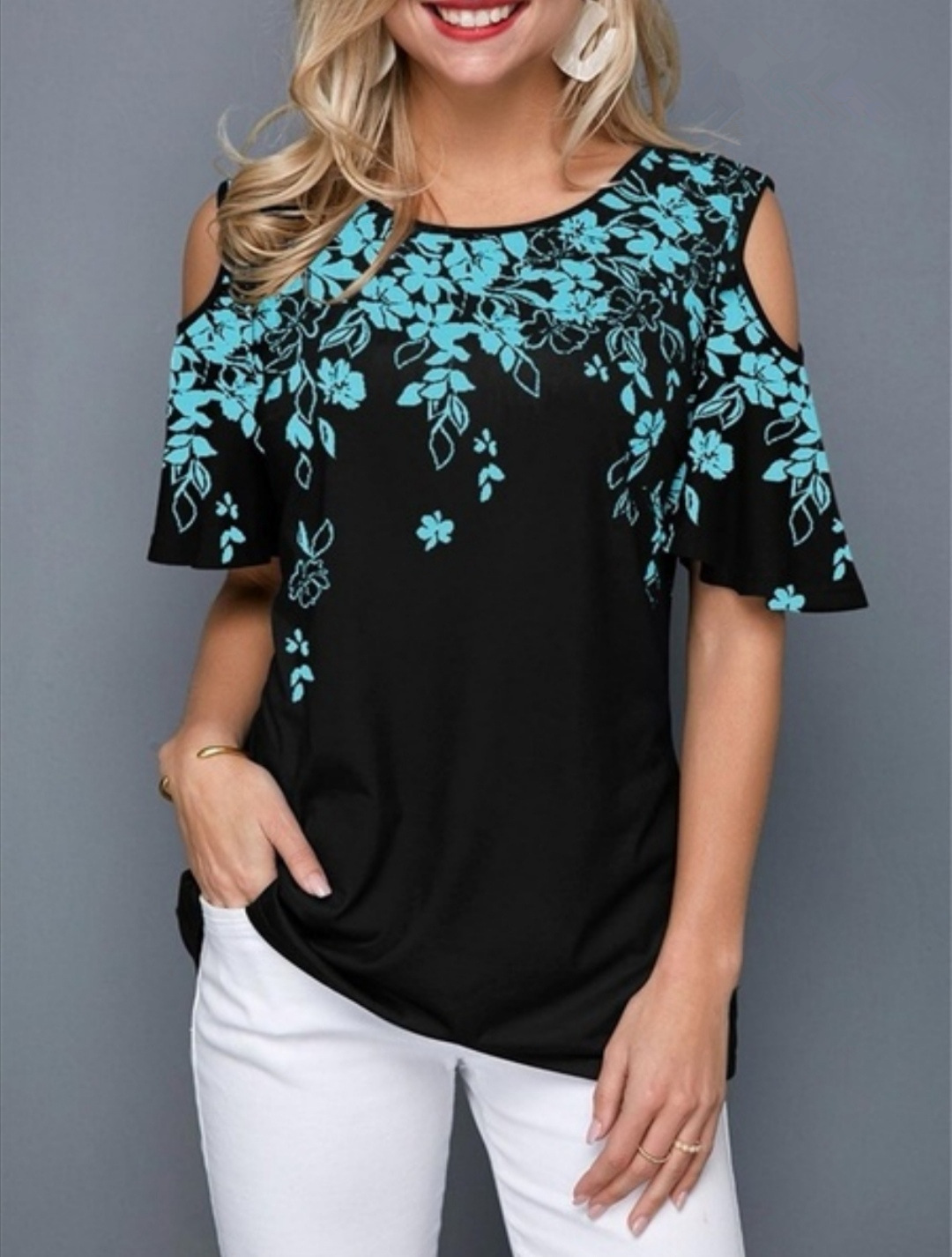 Eight-size Round Neck Print Off-the-shoulder Short-sleeved T-shirt