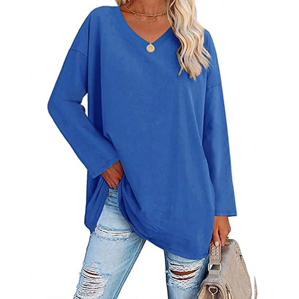 Solid Color Loose Drop Shoulder Sleeve V Neck Long Sleeve Blouse - Blue