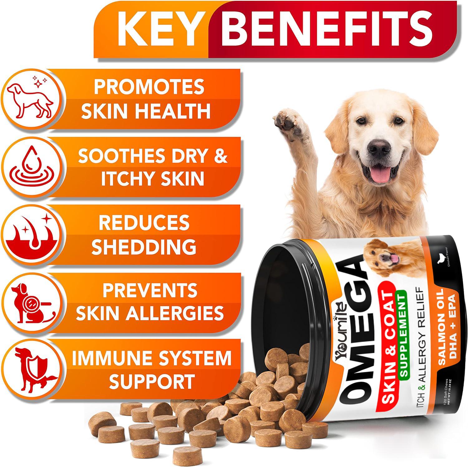 Youmile Omega 3 For Dogs - 120Ct  Fish Oil Treats - Allergy & Itch Relief Skin & Coat Supplement - Dry Itchy Skin, Anti Shedding & Hot Spots Treatment - Pet Salmon Oil Chews - Chicken Flavor Dog  Vit