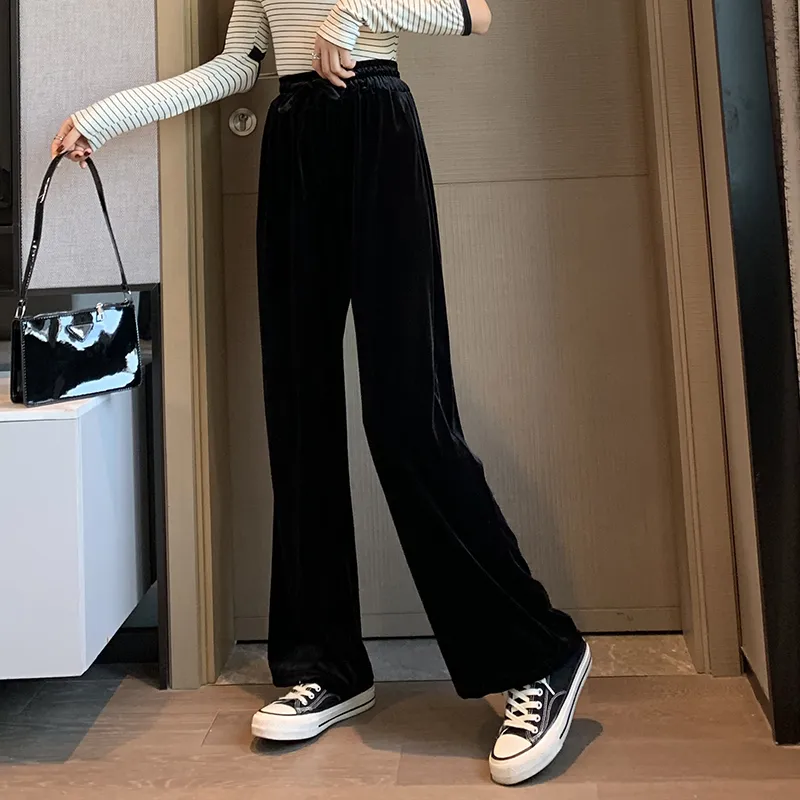 Large Size Gold Velvet Wide-leg Pants Women Autumn And Winter Plus Size Mm High Waist Loose - Black