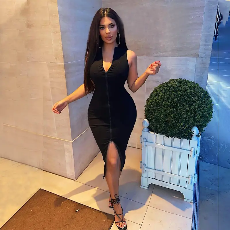 Women's Solid Color Sleeveless Stand Collar Zipper Slim Fit Slim Pack Hip Dress