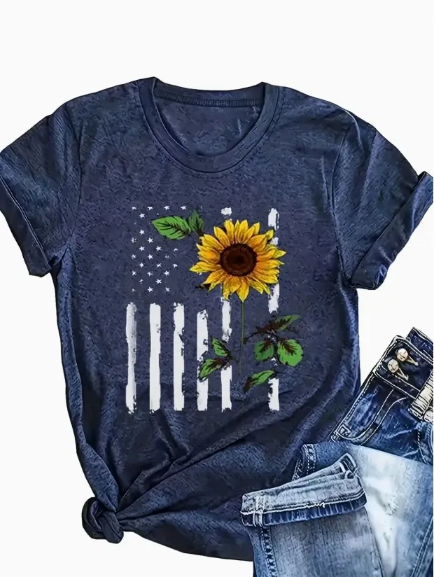 American Flag Printed Round Neck Vest Casual And Loose Daily Wear Women's Clothing Navy Blue - Shop at LoveMi