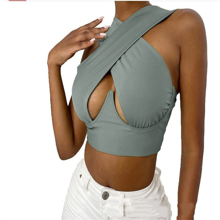 Hanging Neck Breast Enhancement Design Sexy Solid Color Sleeveless Short Blouse