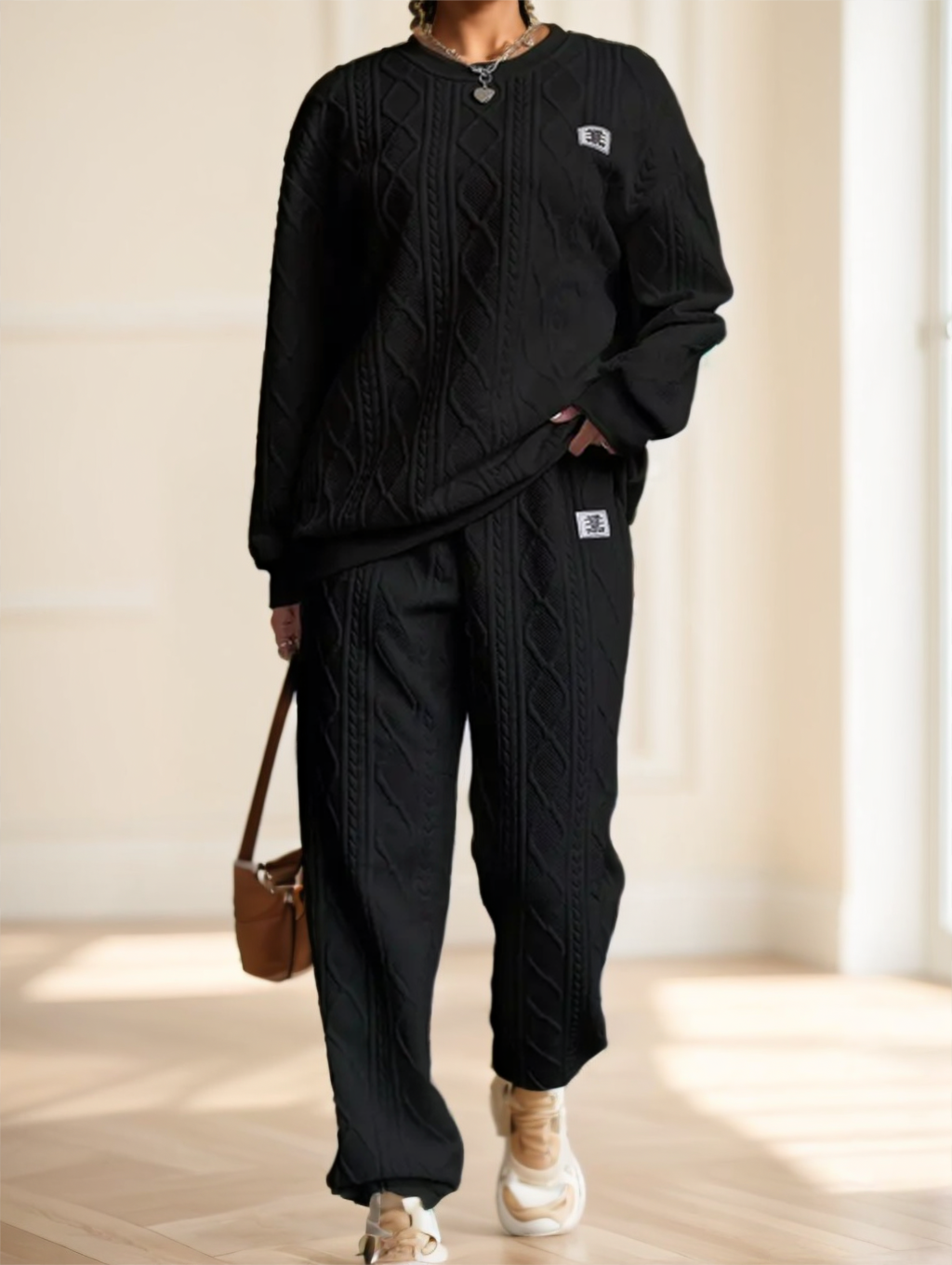 Casual Patch Cable Textured Pants Set, Long Sleeve Crew Neck Sweatshirt