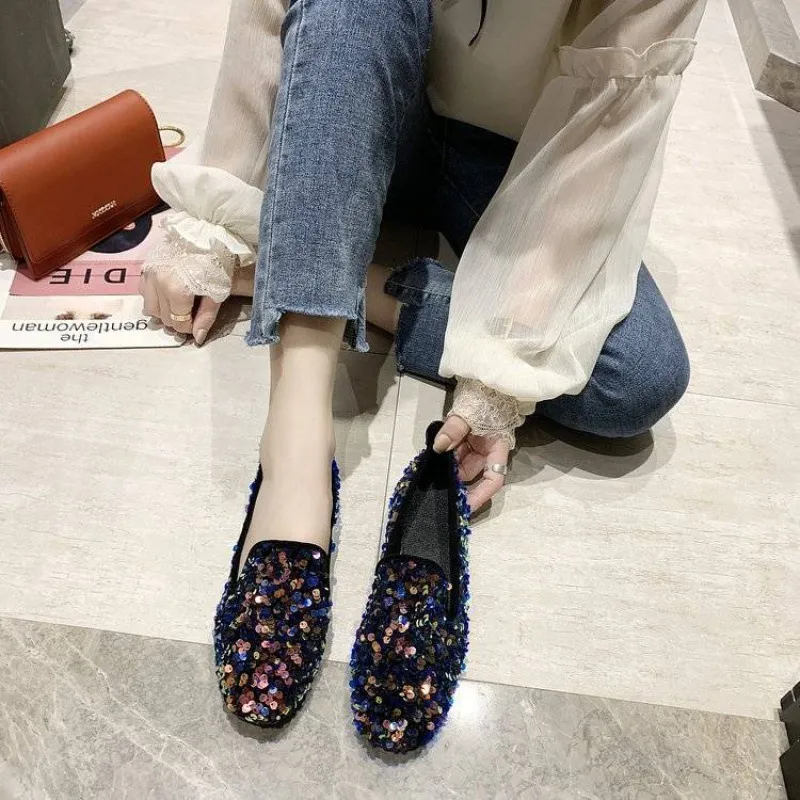New Women's Flat All-match Social Rhinestone Pumps - Blue