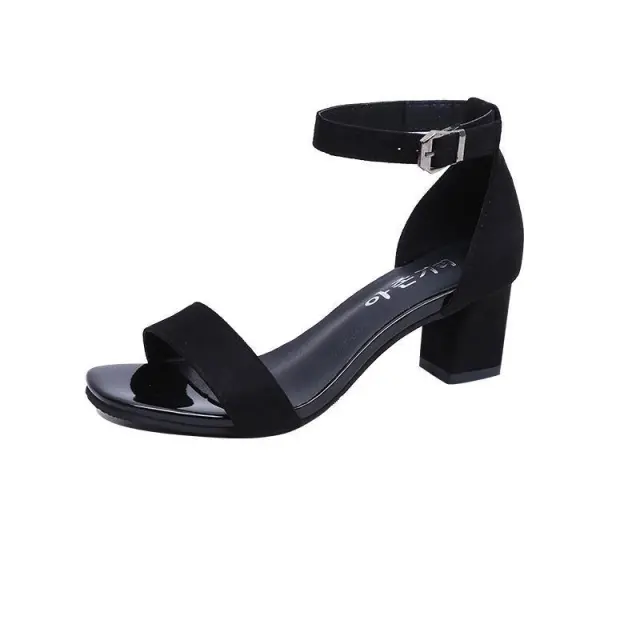 Mid heel All match Toe Buckle Roman High Heels Women Black - Shop at LoveMi