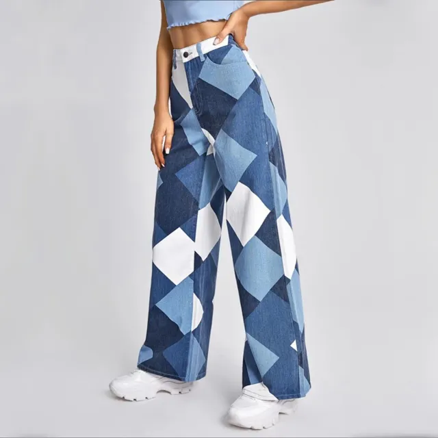 Printed Denim Trousers With High Waist And Large Cylinder Blue - Shop at LoveMi
