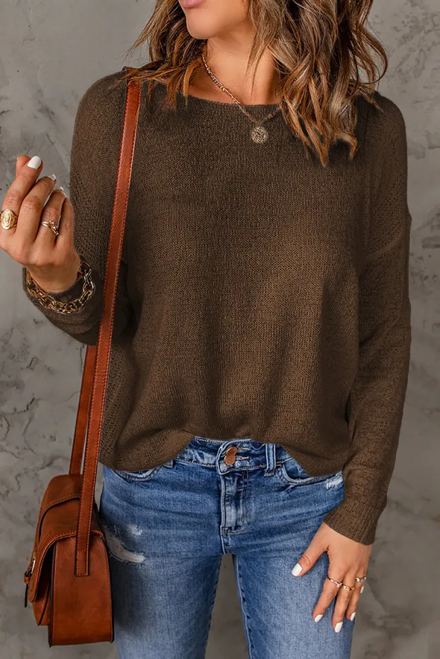 Casual Solid Round Neck Pullover Sweater Fashion Loose Long Sleeve Top Womens Clothing Dark Brown - Shop at LoveMi