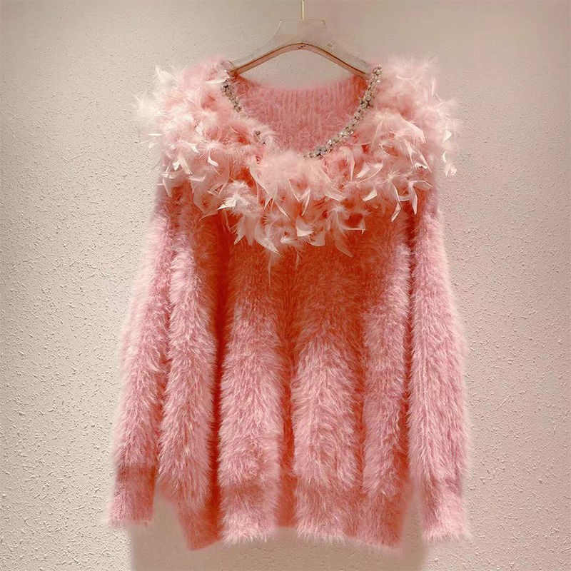 Heavy Industry Diamond-studded Feather Stitching Super Fairy Mink Sweater Tide
