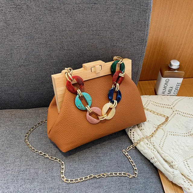 Wooden Clip Bag Autumn And Winter New Female Bag Brown - Shop at LoveMi