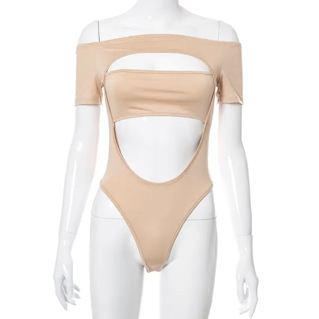 One shoulder Short sleeved Cut out Breast wrapped Bodysuit Khaki - Shop at LoveMi