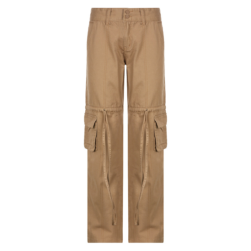 Women's Drawstring Pocket Utility Washed Slim Straight Jeans Khaki - Shop at LoveMi