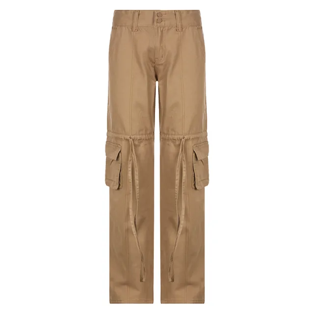 Women's Drawstring Pocket Utility Washed Slim Straight Jeans Khaki - Shop at LoveMi
