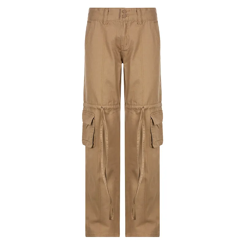 Women's Drawstring Pocket Utility Washed Slim Straight Jeans - Khaki