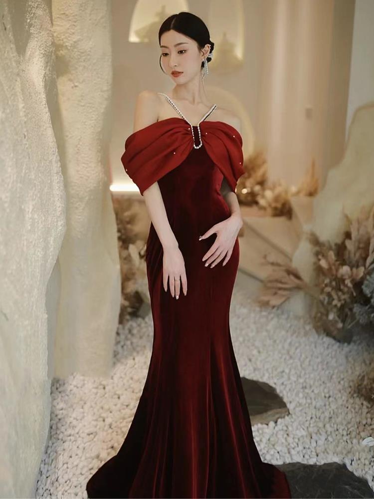 Premium Sense Wine Red Engagement Fishtail Temperament One Line Shoulder Evening Dress Wine Red - Shop at LoveMi