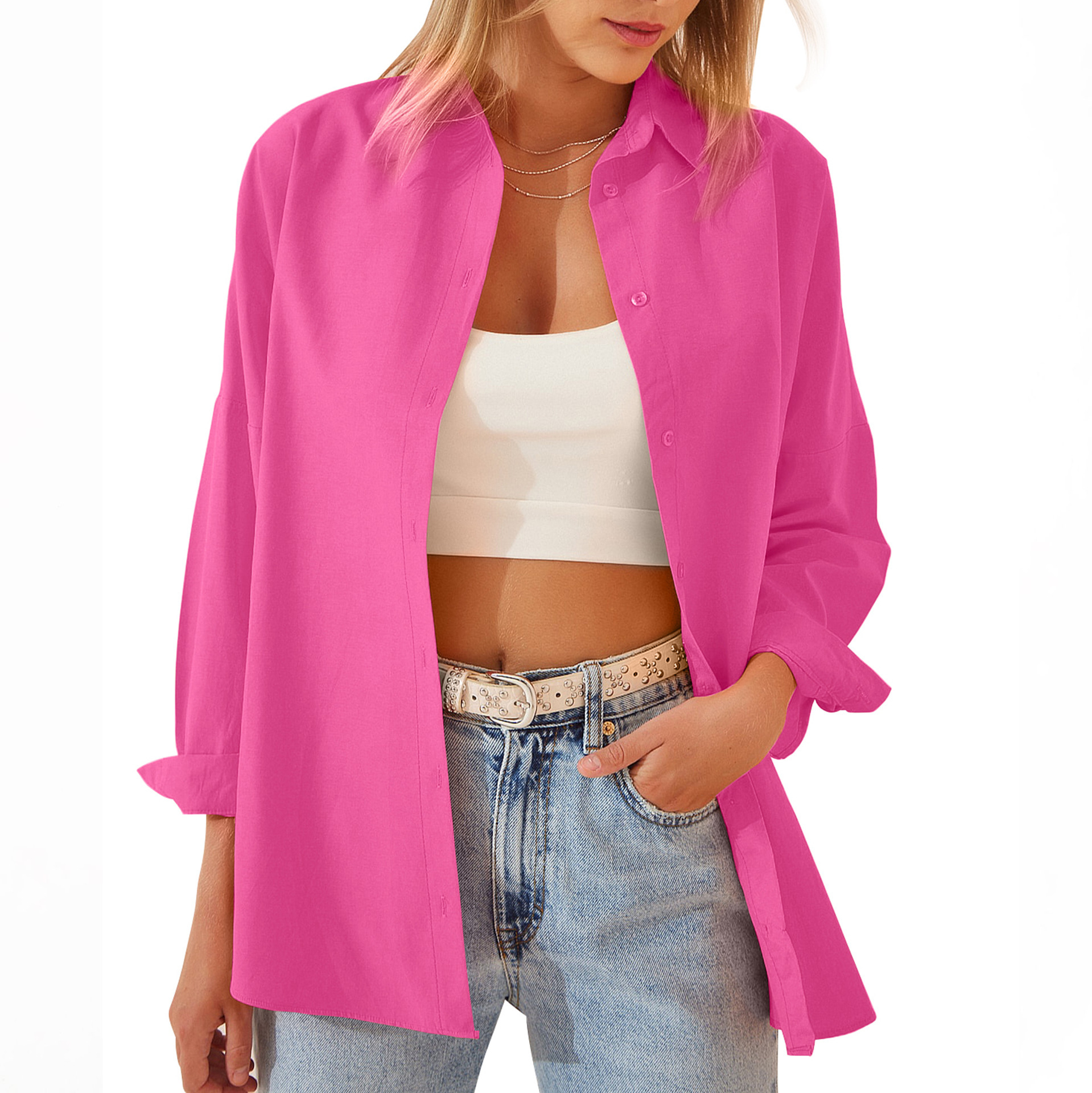 Women's Shirt Jacket Long Sleeve Blouse Button Down Tops Candy Color Shirt Rose - Shop at LoveMi