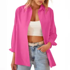 Women's Shirt Jacket Long Sleeve Blouse Button Down Tops Candy Colour Shirt - Red - View 1