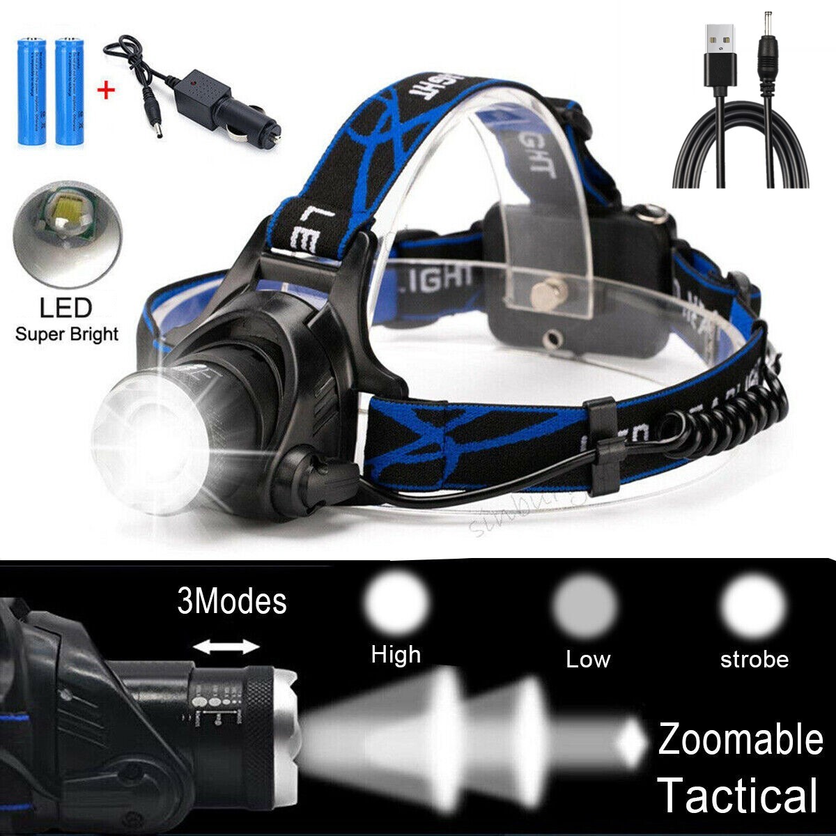 99000000LM Powerful Headlamp LED Head Torch USB Rechargeable Headlight Lamp — image 2