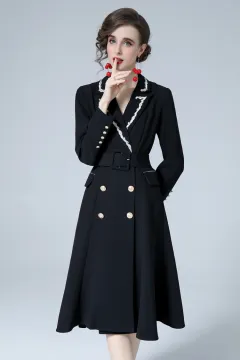Women's Suit Collar Double Breasted Slim Fit Dress With Belt - Black - View 1