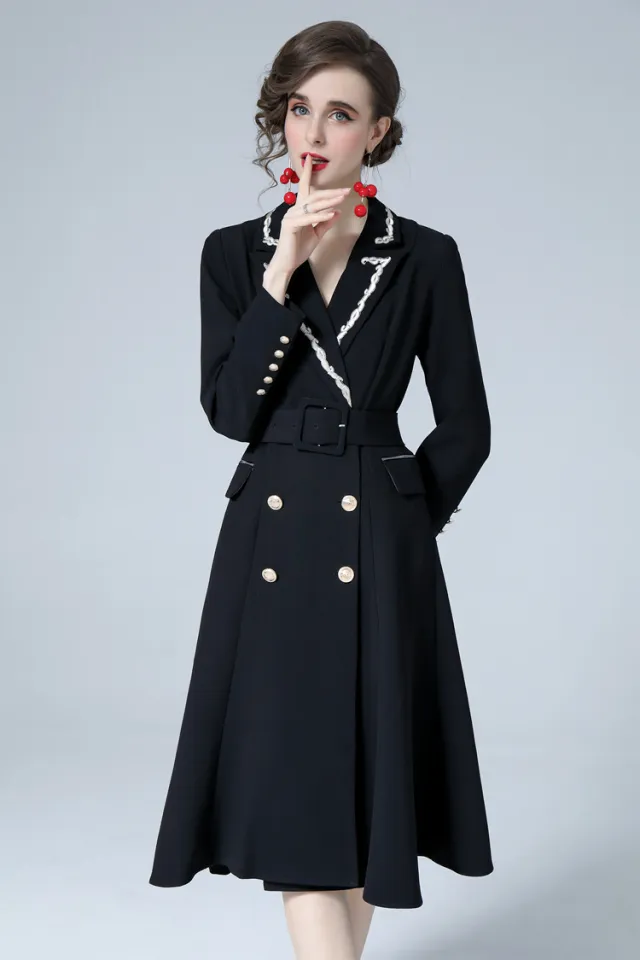 Women's Suit Collar Double Breasted Slim Fit Dress With Belt Black - Shop at LoveMi