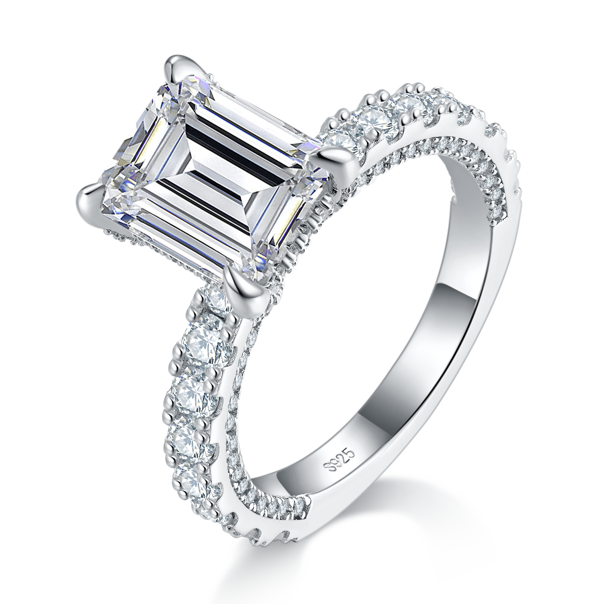 S925 Sterling Silver 4ct Emerald Cut Moissanite Ring, D-VVS1 Pave Band, Platinum Plated US Sizes 5-9, GRA Certified Jewelry Gift Box 3