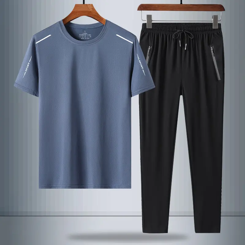 Summer Men's Ice Silk Quick-drying T-shirt and Trousers Two-piece
