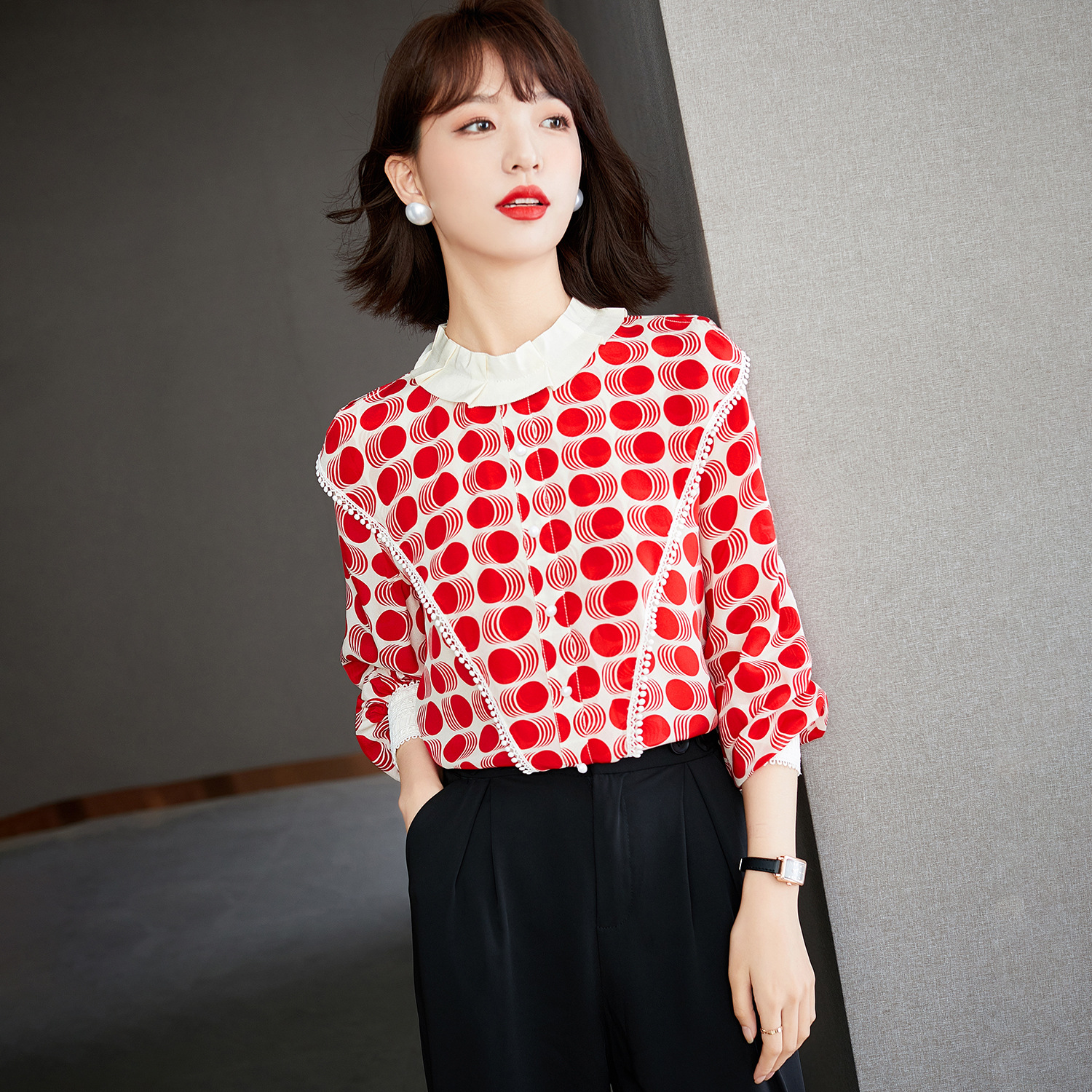Women's Loose Long-sleeved Polka-dot Red Shirt
