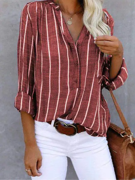 Simple And Fashionable Printed Striped Shirt For Women Red - Shop at LoveMi